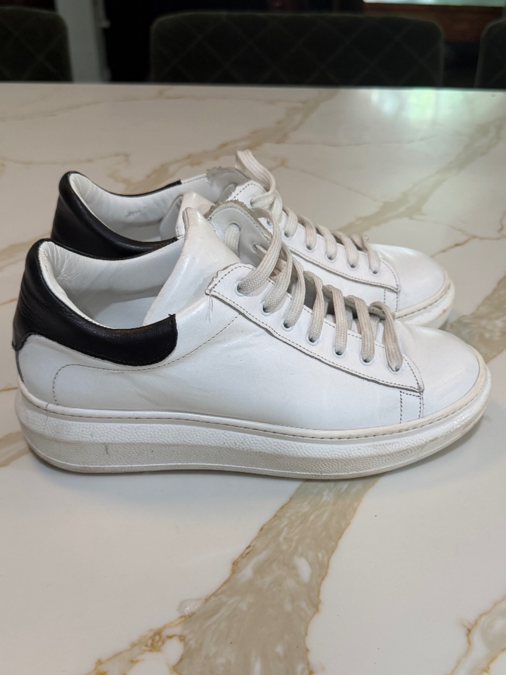 White Leather Platform Sneakers with Black Heel Accent